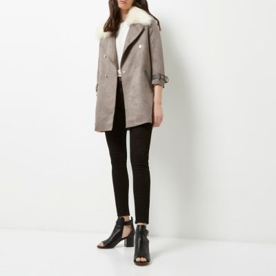 Grey faux fur collar coat